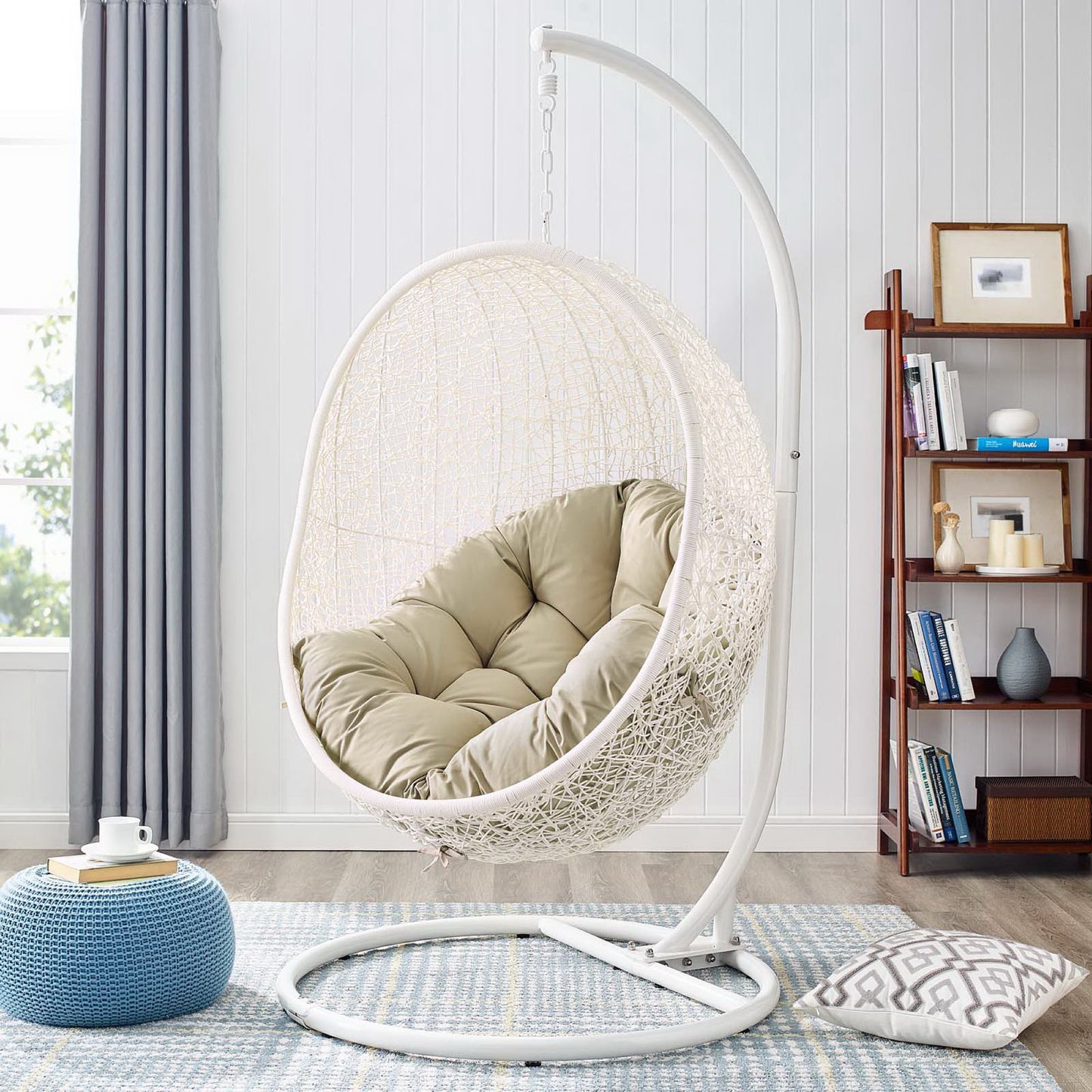 Hide Outdoor Patio Sunbrella Swing Chair With Stand in White Beige by Modway (3929)
