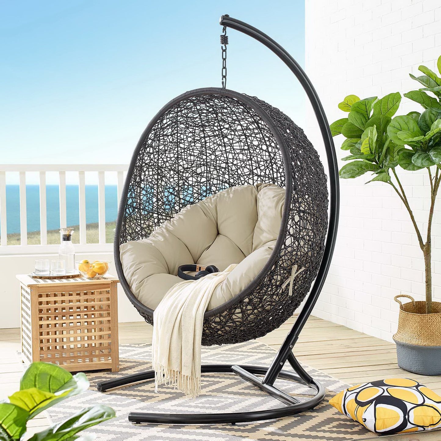 Encase Sunbrella Swing Outdoor Patio Lounge Chair in Black Beige by Modway (3943)