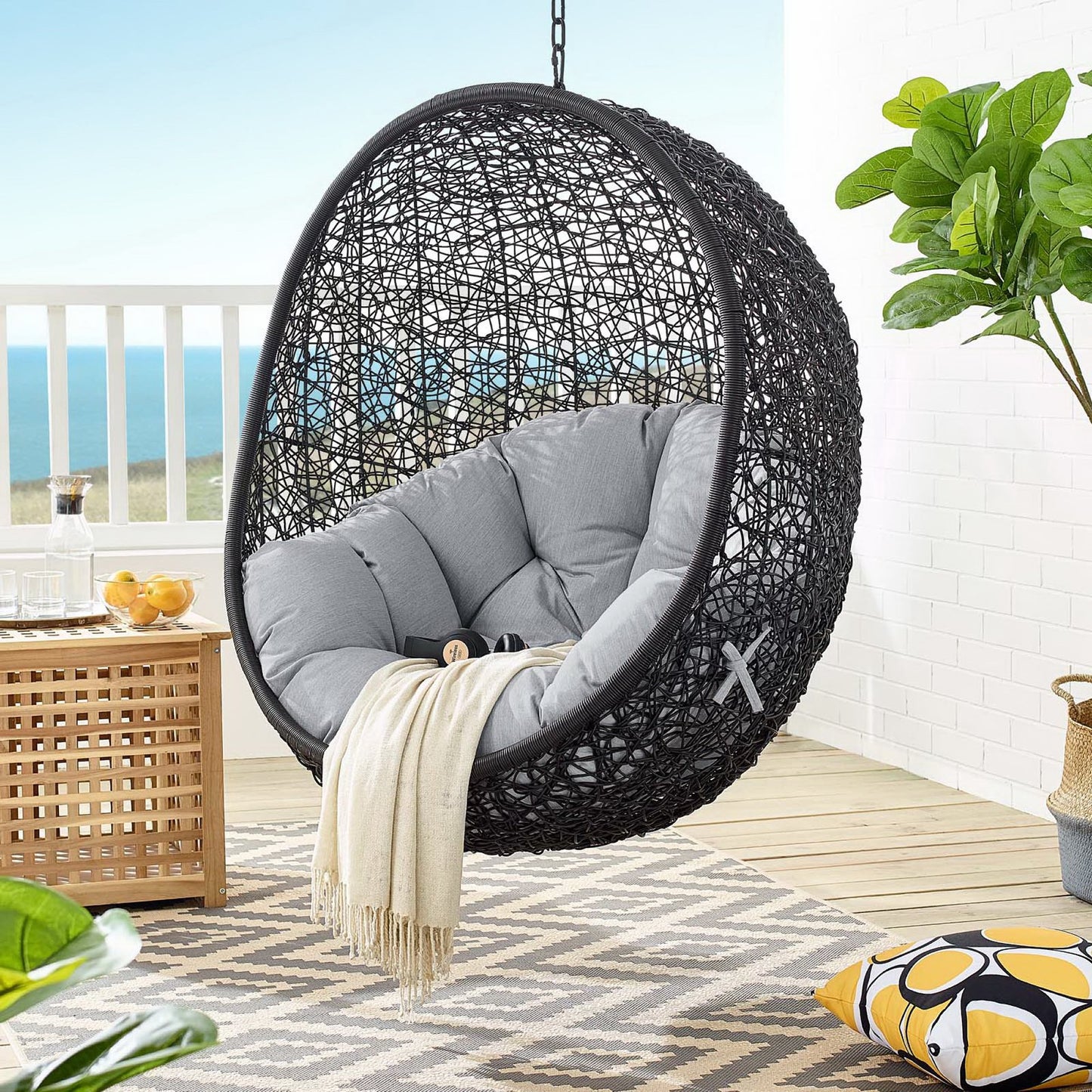 Encase Sunbrella Swing Outdoor Patio Lounge Chair in Black Gray by Modway (3943)
