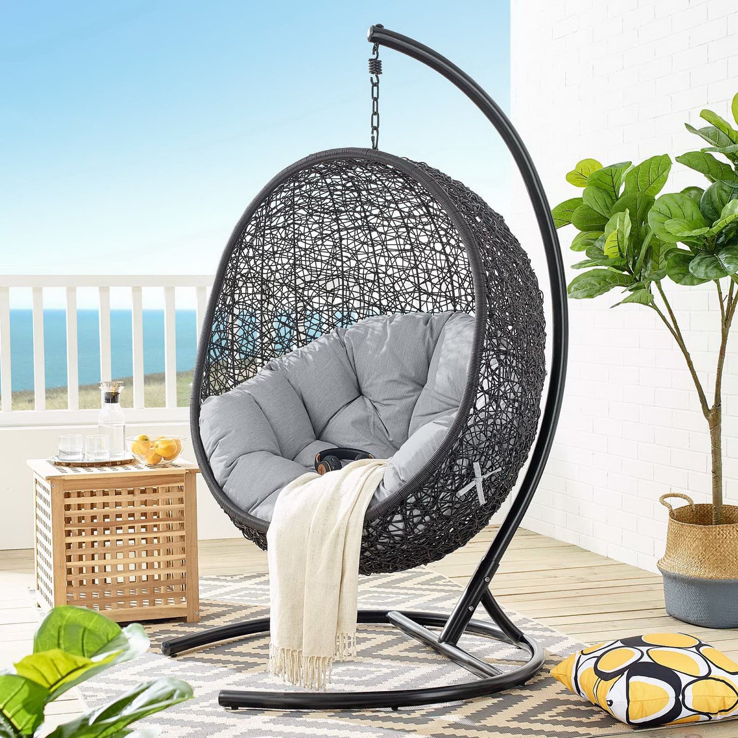 Encase Sunbrella Swing Outdoor Patio Lounge Chair in Black Gray by Modway (3943)