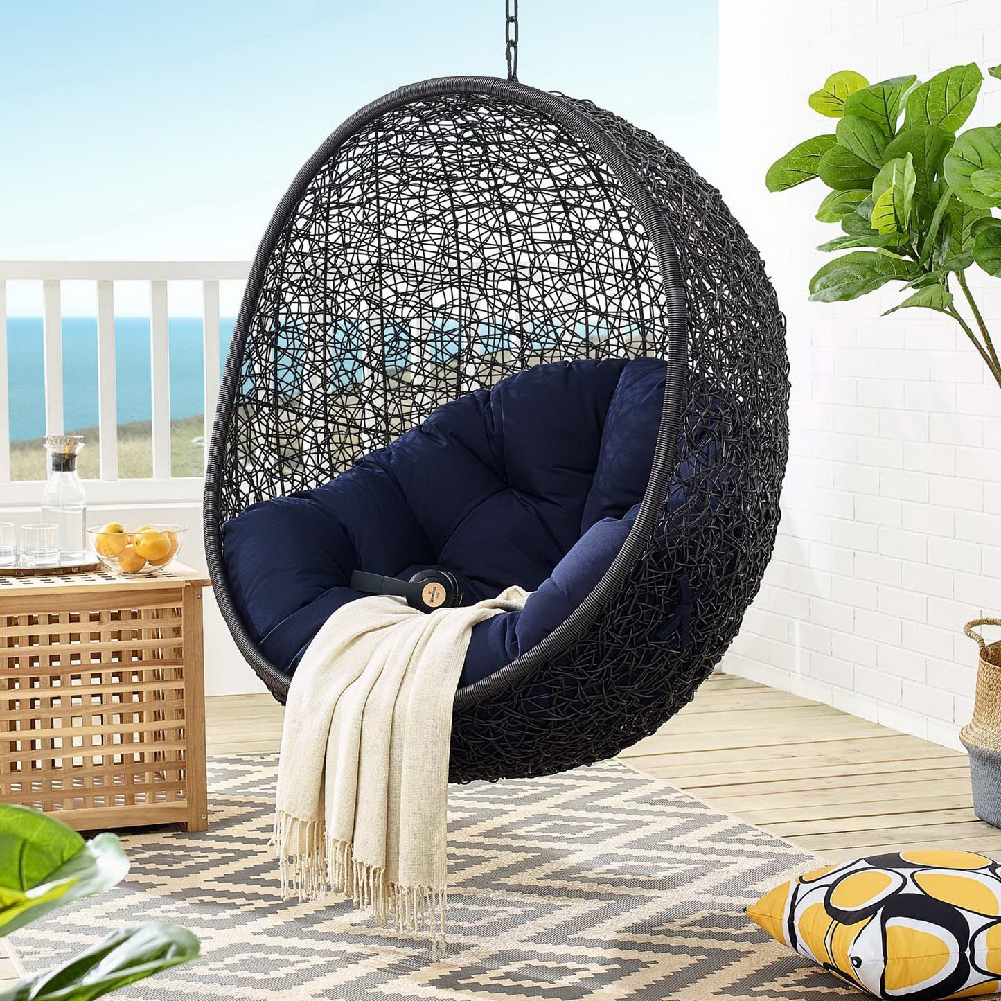 Encase Sunbrella Swing Outdoor Patio Lounge Chair in Black Navy by Modway (3943)