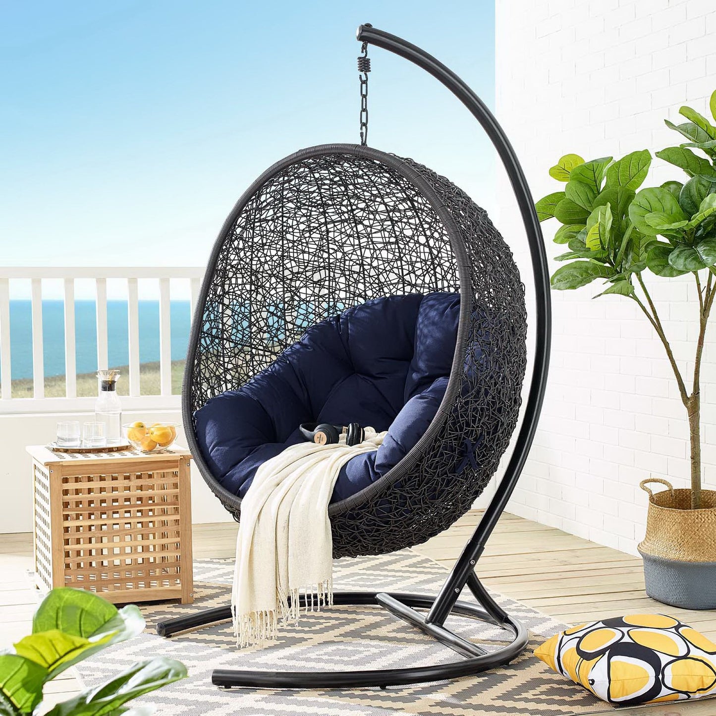 Encase Sunbrella Swing Outdoor Patio Lounge Chair in Black Navy by Modway (3943)