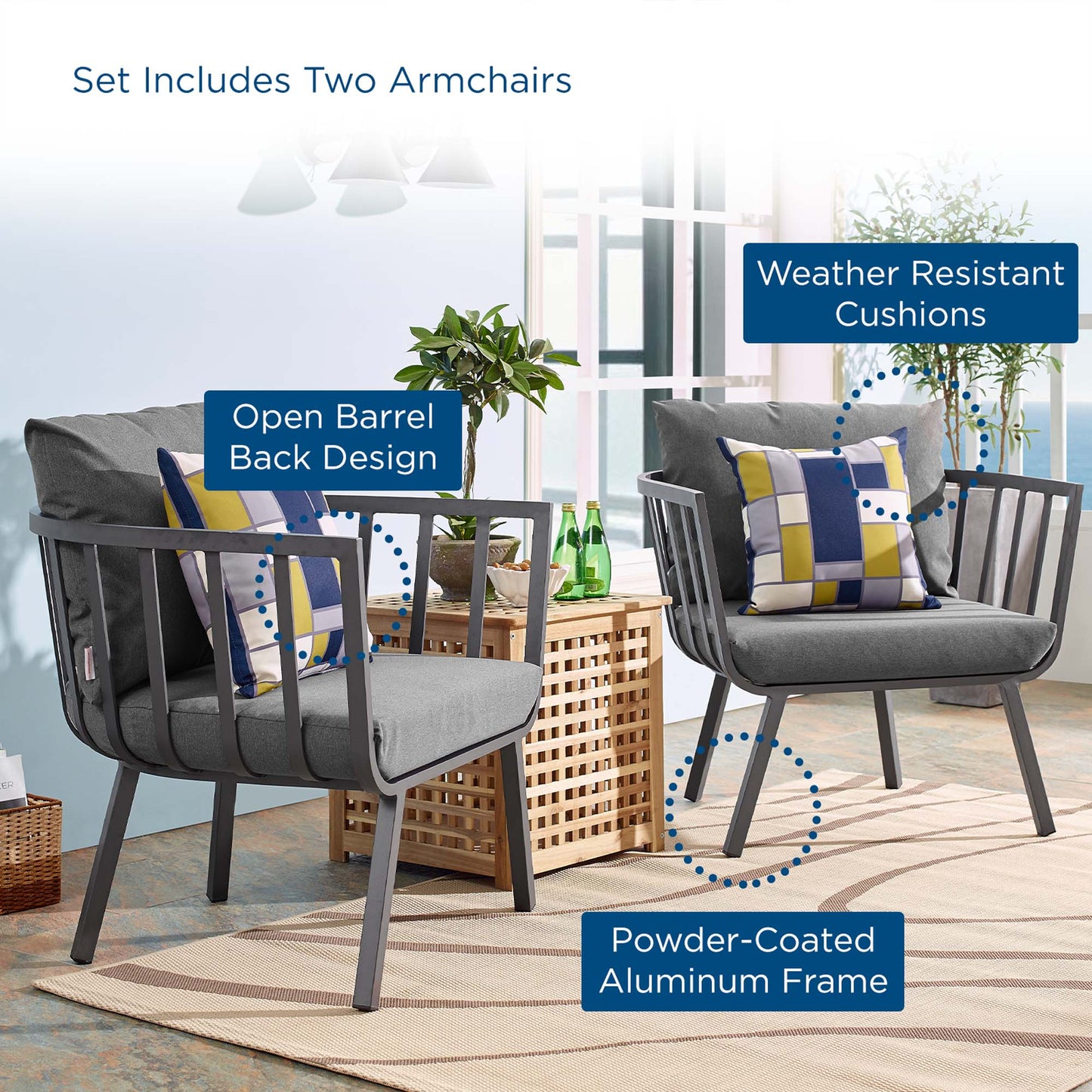 Riverside Outdoor Patio Aluminum Armchair Set of 2 in Gray Charcoal by Modway (3960)