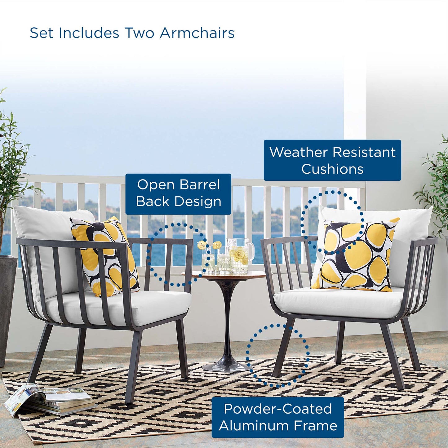 Riverside Outdoor Patio Aluminum Armchair Set of 2 in Gray White by Modway (3960)