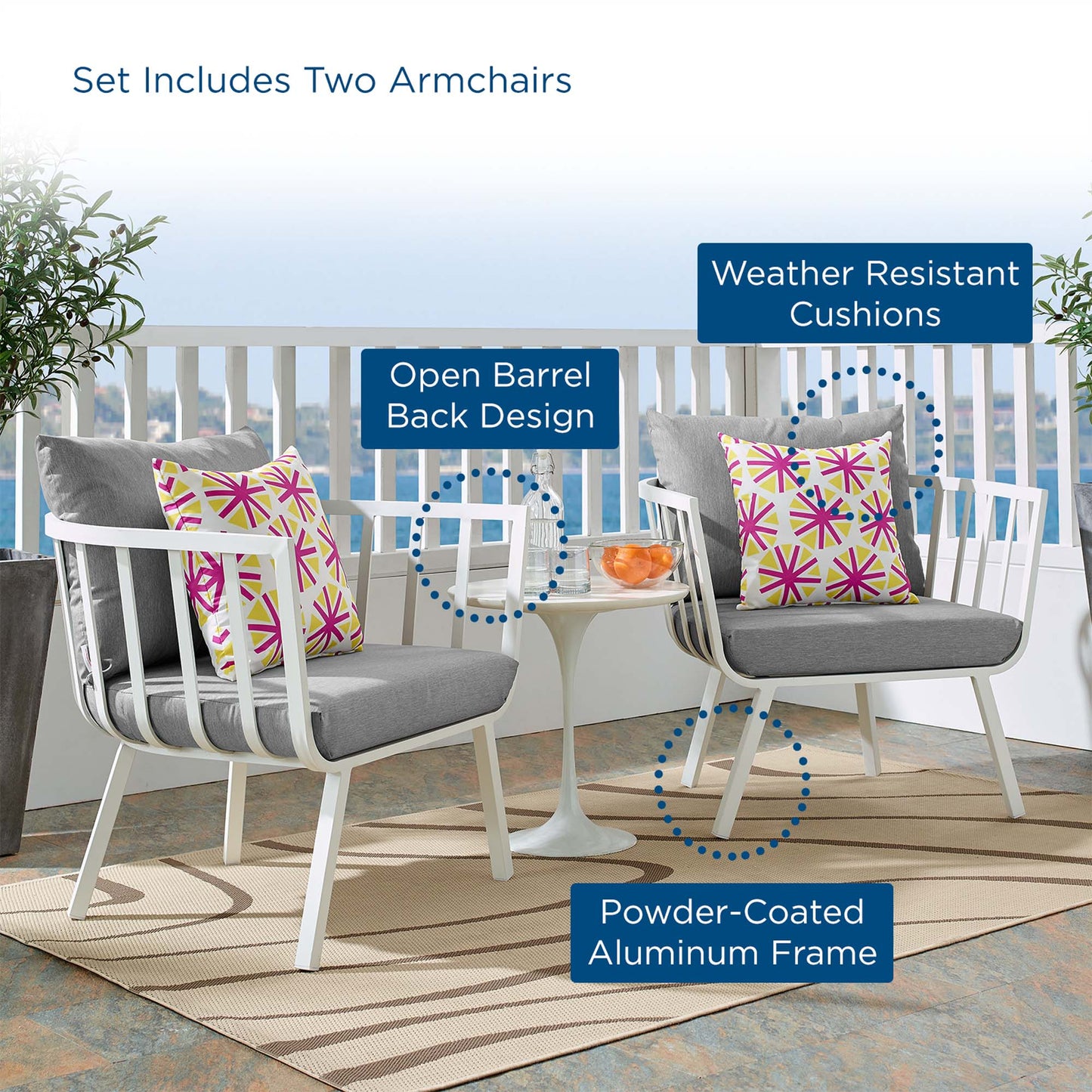 Riverside Outdoor Patio Aluminum Armchair Set of 2 in White Gray by Modway (3960)