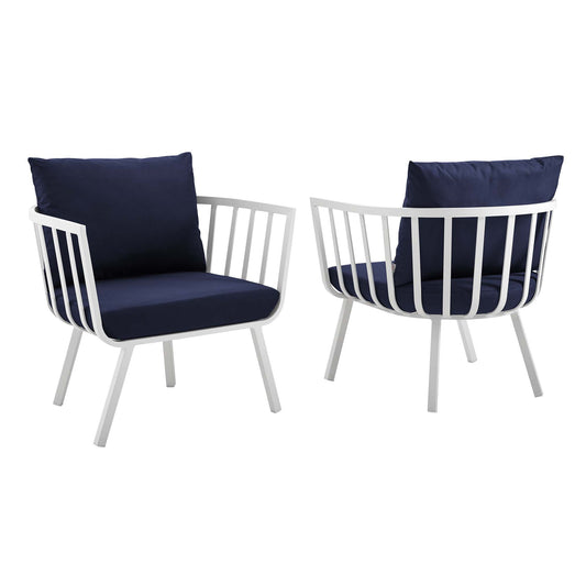 Riverside Outdoor Patio Aluminum Armchair Set of 2 in White Navy by Modway (3960)