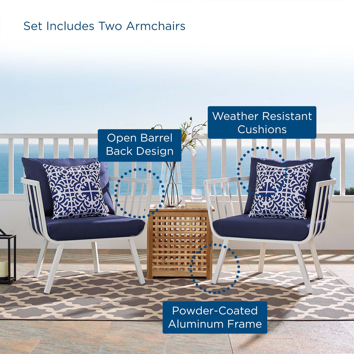 Riverside Outdoor Patio Aluminum Armchair Set of 2 in White Navy by Modway (3960)