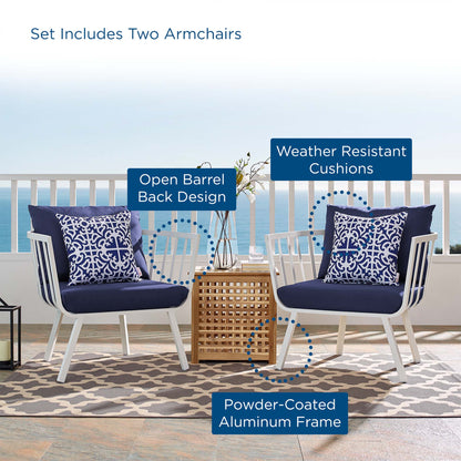 Riverside Outdoor Patio Aluminum Armchair Set of 2 in White Navy by Modway (3960)