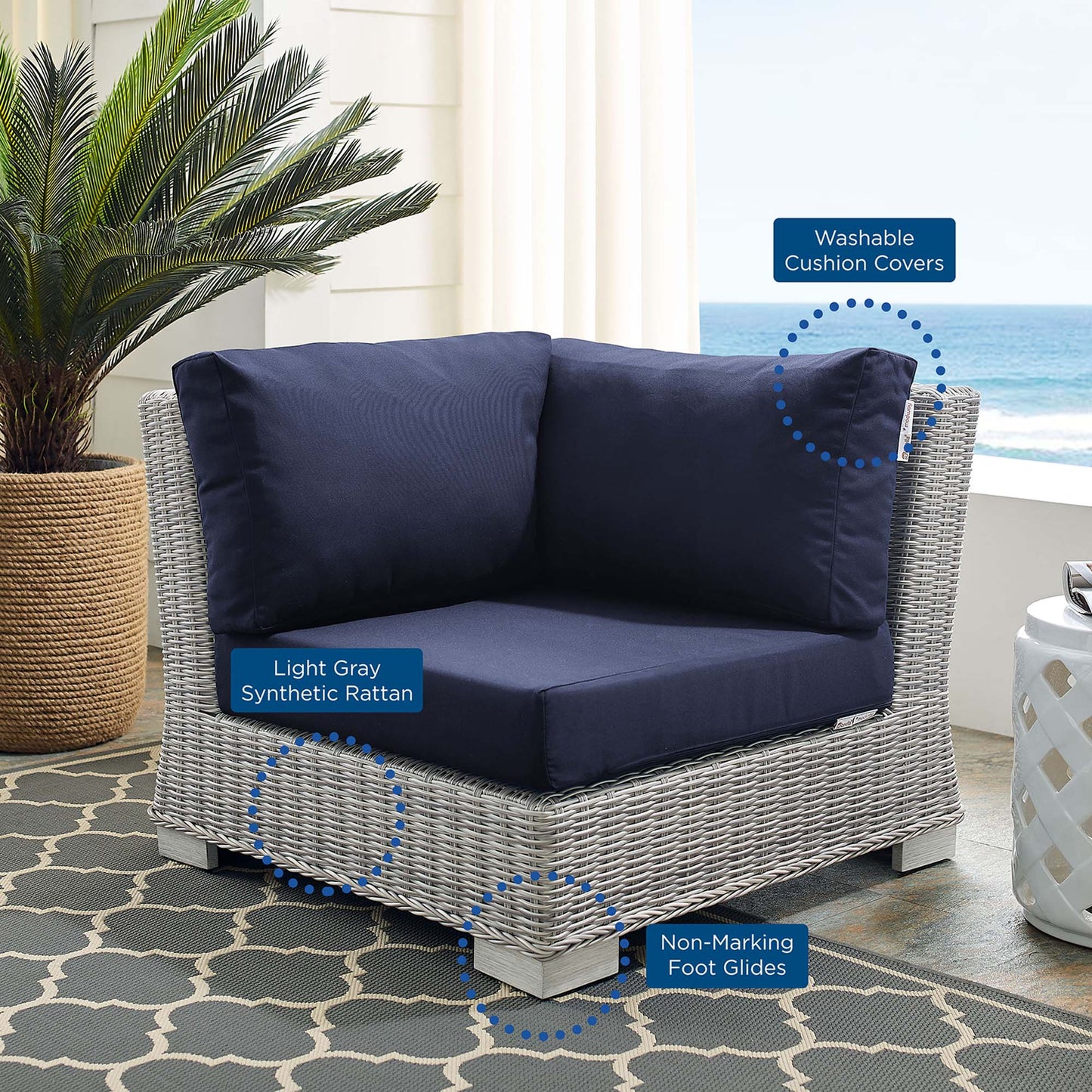 Conway Sunbrella Outdoor Patio Wicker Rattan Corner Chair in Light Gray Navy by Modway (3970)