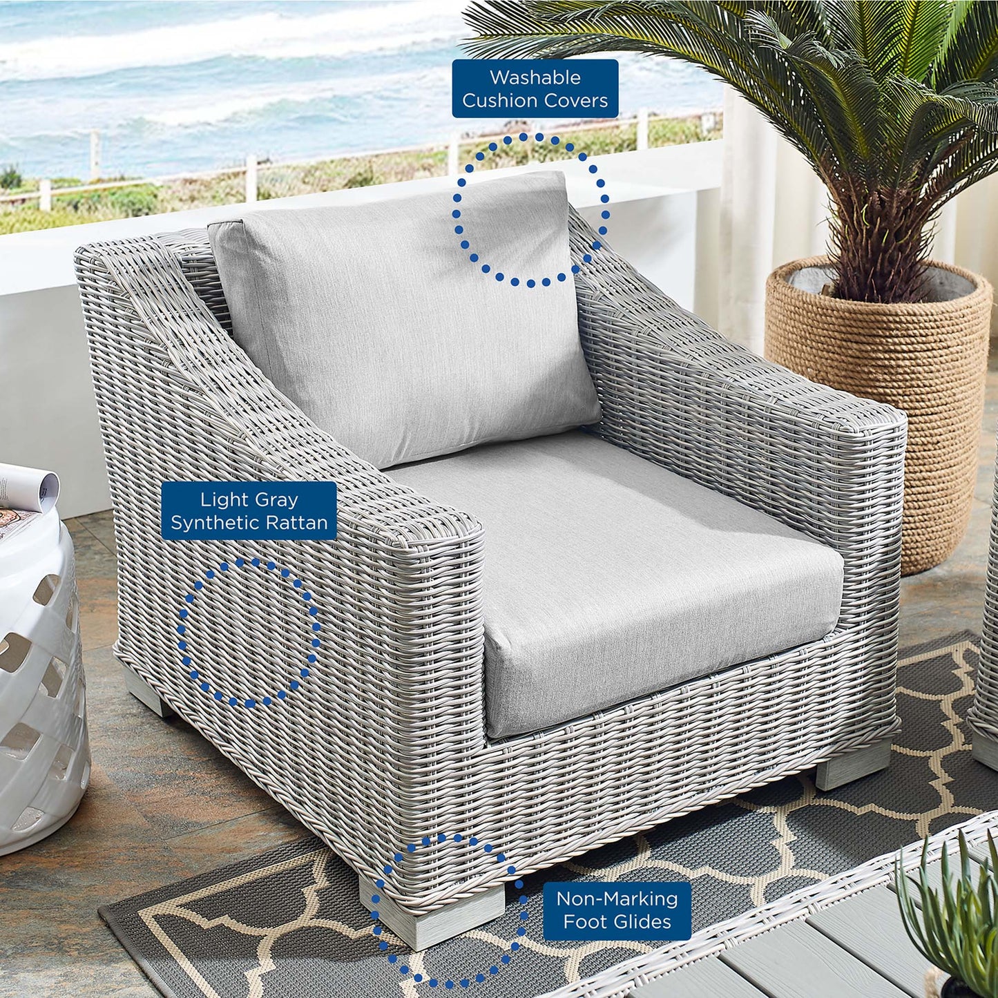 Conway Sunbrella Outdoor Patio Wicker Rattan Armchair in Light Gray Gray by Modway (3972)