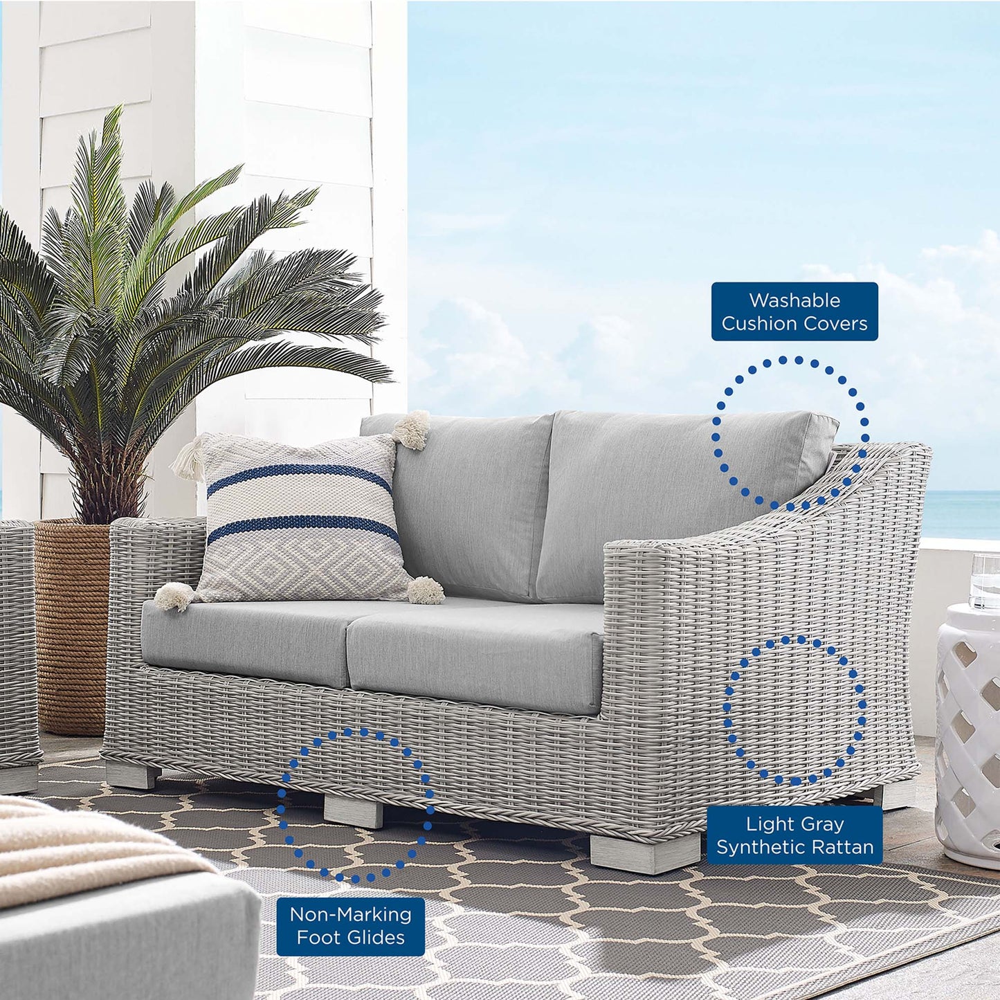 Conway Sunbrella Outdoor Patio Wicker Rattan Loveseat in Light Gray Gray by Modway (3973)