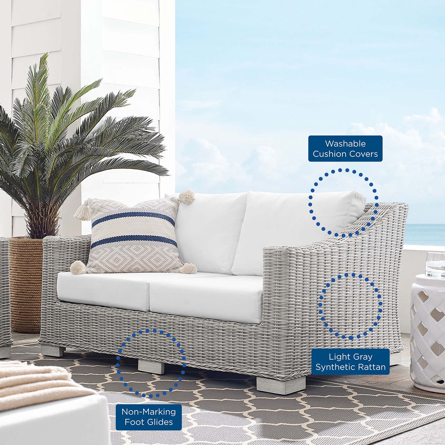 Conway Sunbrella Outdoor Patio Wicker Rattan Loveseat in Light Gray White by Modway (3973)