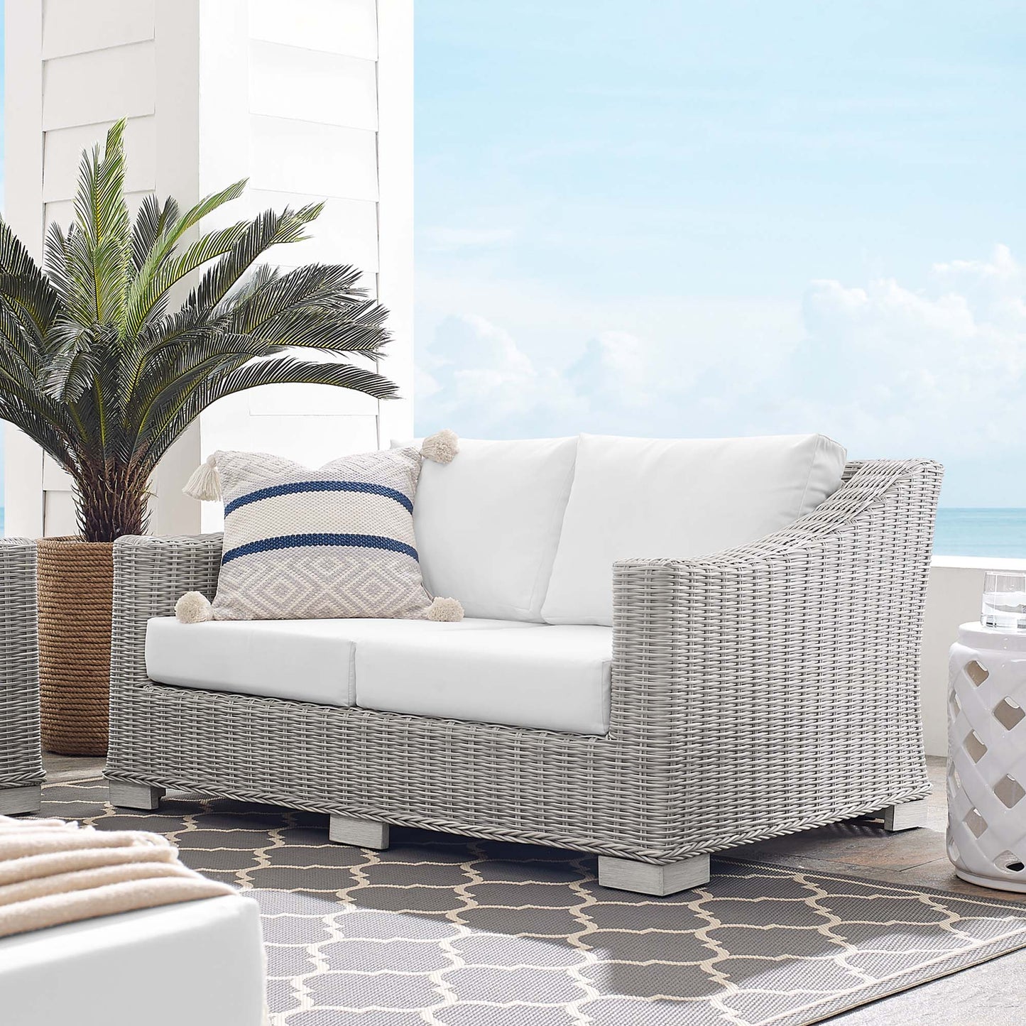Conway Sunbrella Outdoor Patio Wicker Rattan Loveseat in Light Gray White by Modway (3973)