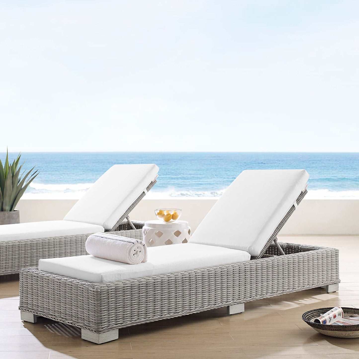 Conway Sunbrella Outdoor Patio Wicker Rattan Chaise Lounge in Light Gray White by Modway (3978)