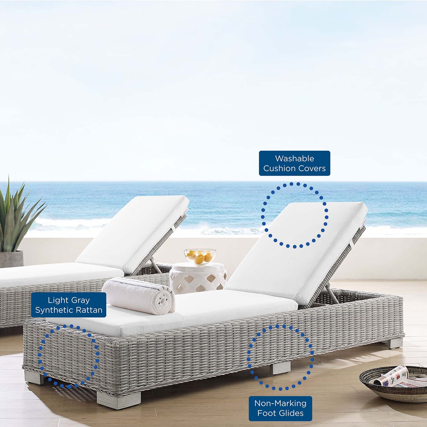 Conway Sunbrella Outdoor Patio Wicker Rattan Chaise Lounge in Light Gray White by Modway (3978)