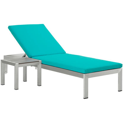 Shore Aluminum Chaise Lounge and Side Table - Silver Black Turquoise by Modway