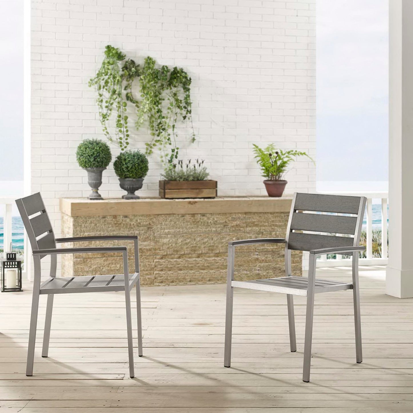 Shore Outdoor Patio Aluminum Dining Armchair Set of 2 in Silver Gray by Modway (4042)
