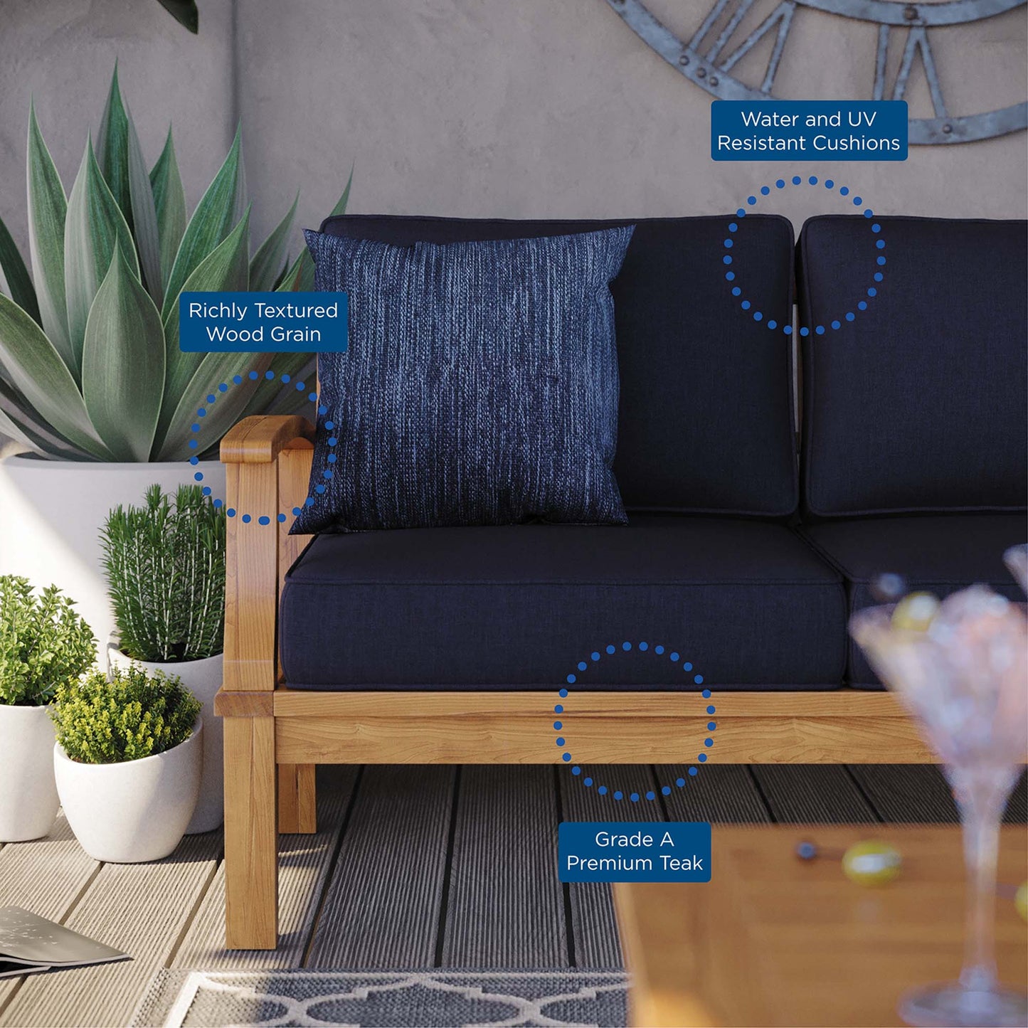 Marina Outdoor Patio Teak Sofa in Natural Navy by Modway (4176)