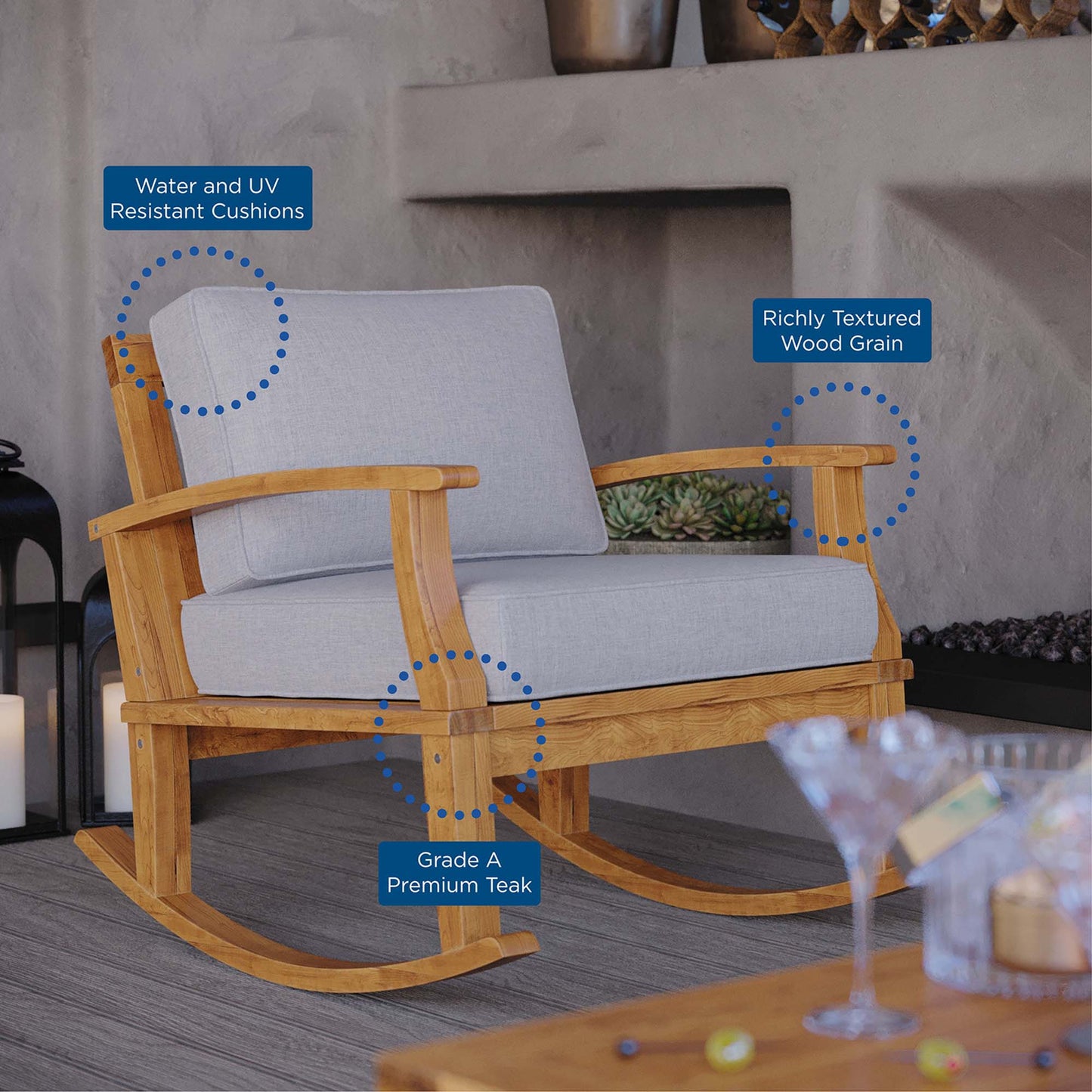 Marina Outdoor Patio Teak Rocking Chair in Natural Gray by Modway (4177)