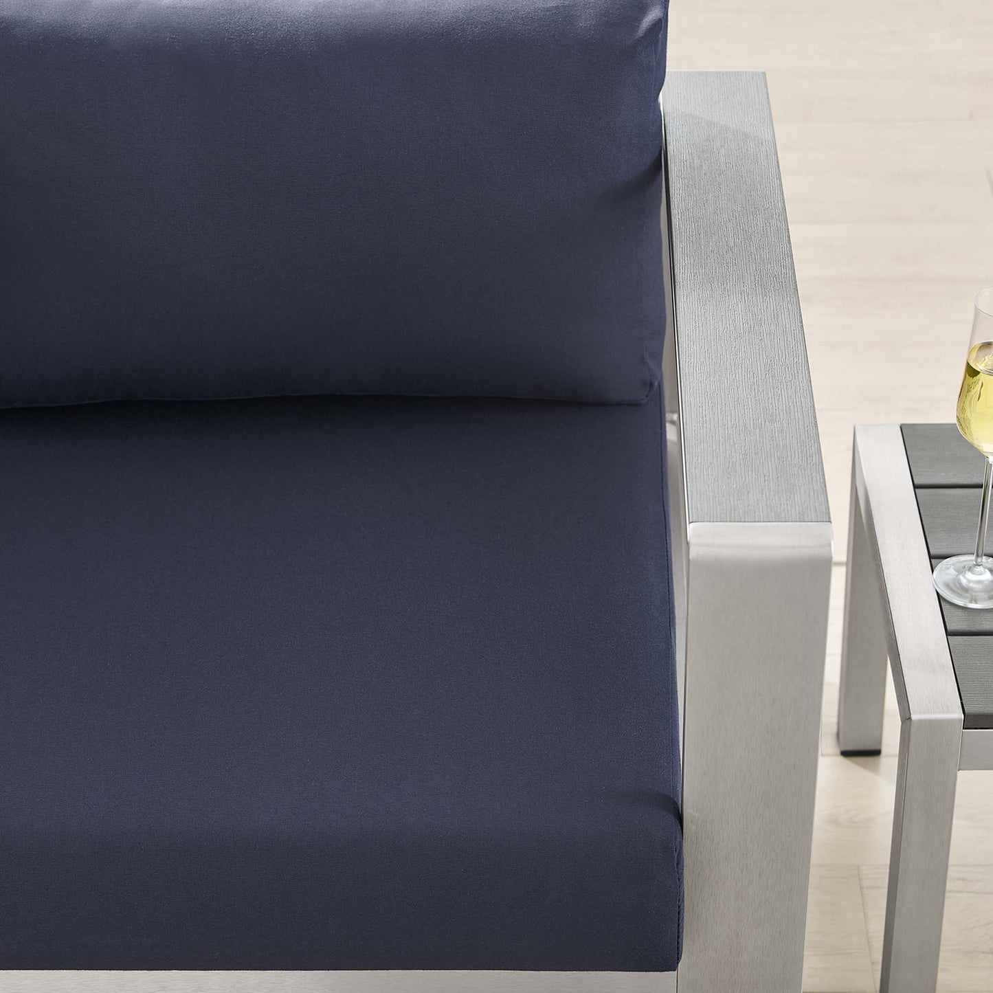 Shore Sunbrella Fabric Aluminum Outdoor Patio Right-Arm Loveseat in Silver Navy by Modway (4222)