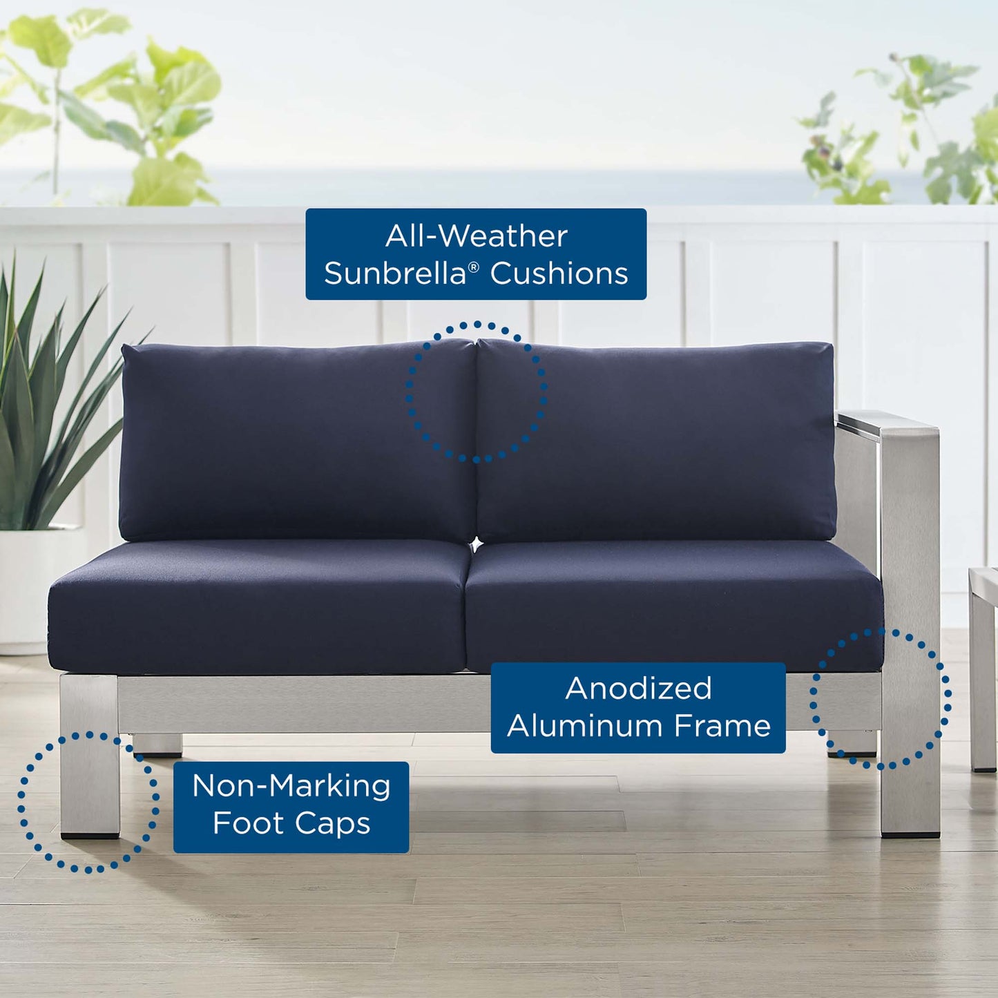 Shore Sunbrella Fabric Aluminum Outdoor Patio Right-Arm Loveseat in Silver Navy by Modway (4222)