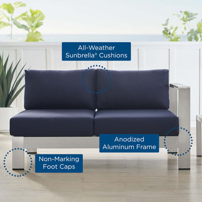 Shore Sunbrella Fabric Aluminum Outdoor Patio Right-Arm Loveseat in Silver Navy by Modway (4222)
