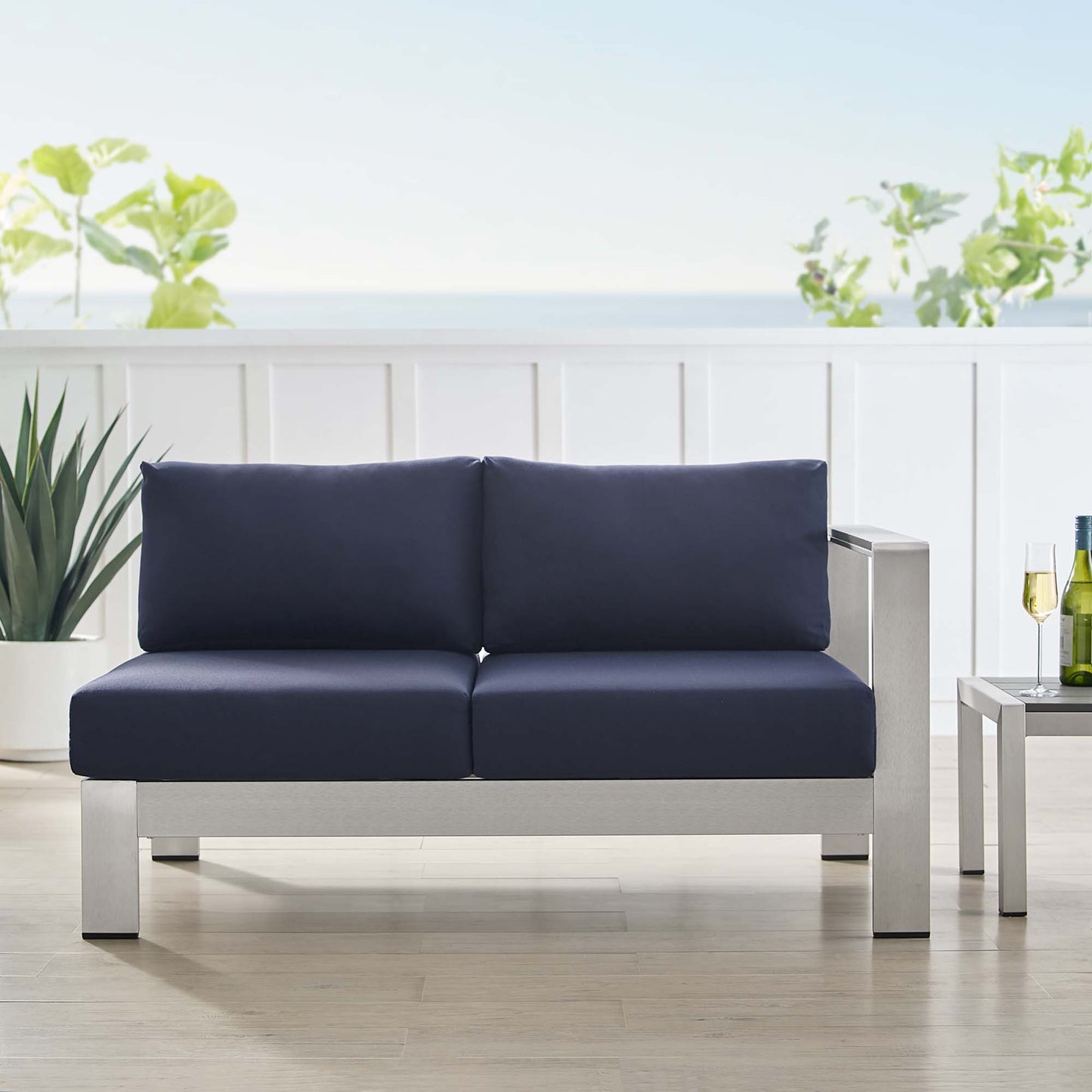 Shore Sunbrella Fabric Aluminum Outdoor Patio Right-Arm Loveseat in Silver Navy by Modway (4222)