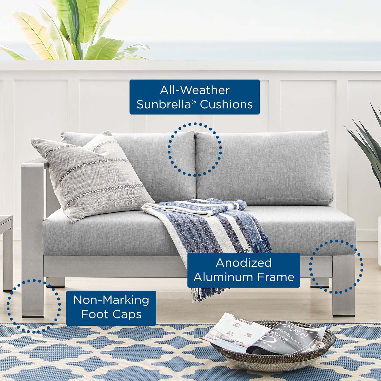 Shore Sunbrella Fabric Aluminum Outdoor Patio Left-Arm Loveseat in Silver Gray by Modway (4223)