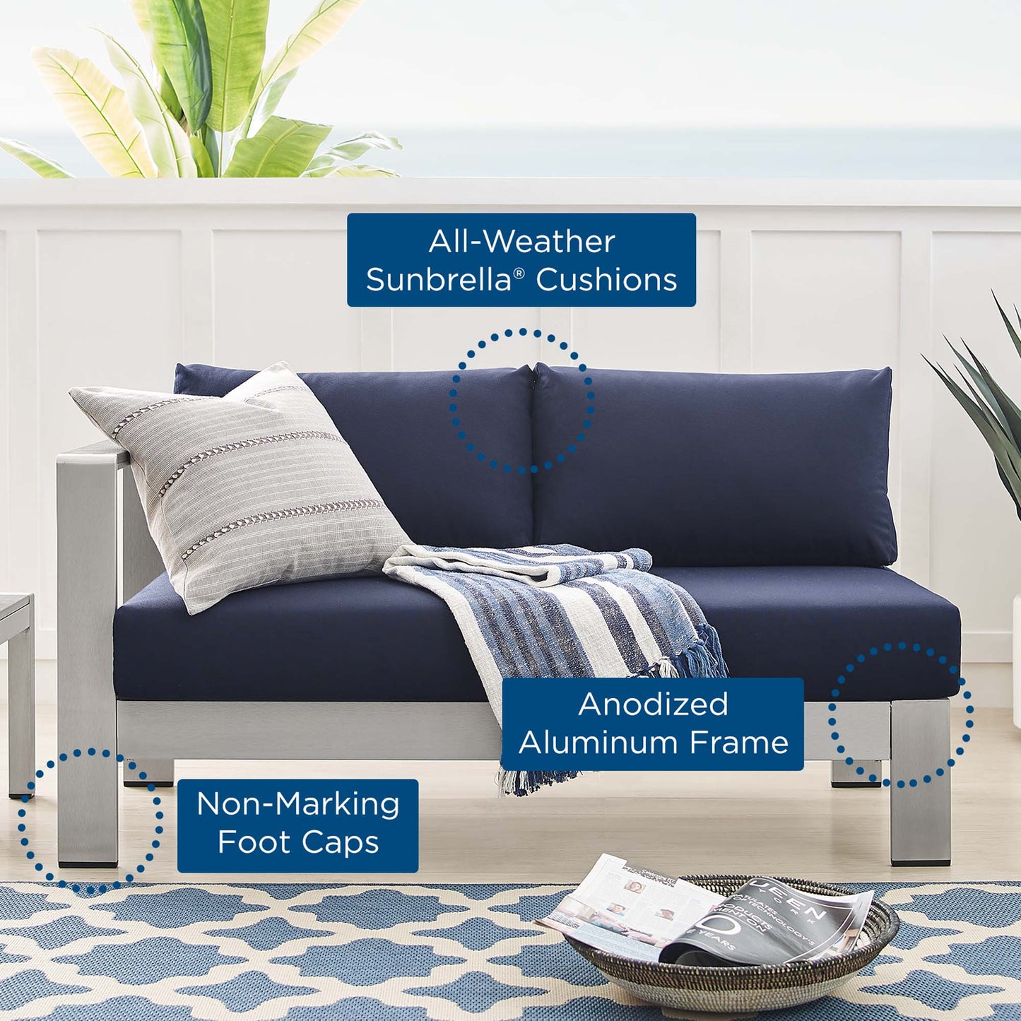 Shore Sunbrella Fabric Aluminum Outdoor Patio Left-Arm Loveseat in Silver Navy by Modway (4223)