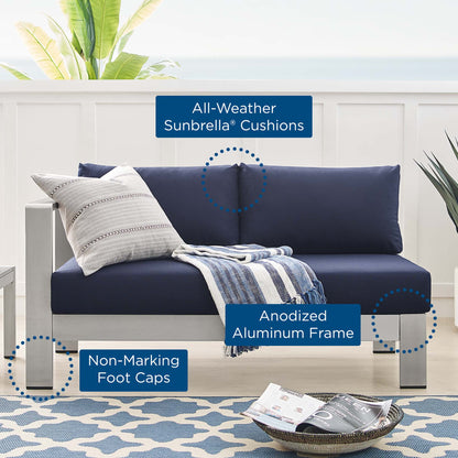 Shore Sunbrella Fabric Aluminum Outdoor Patio Left-Arm Loveseat in Silver Navy by Modway (4223)