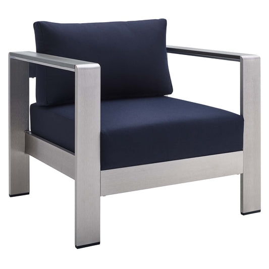 Shore Sunbrella Fabric Aluminum Outdoor Patio Armchair in Silver Navy by Modway (4225)