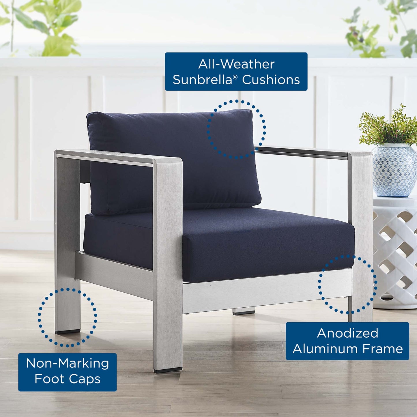 Shore Sunbrella Fabric Aluminum Outdoor Patio Armchair in Silver Navy by Modway (4225)