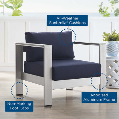 Shore Sunbrella Fabric Aluminum Outdoor Patio Armchair in Silver Navy by Modway (4225)