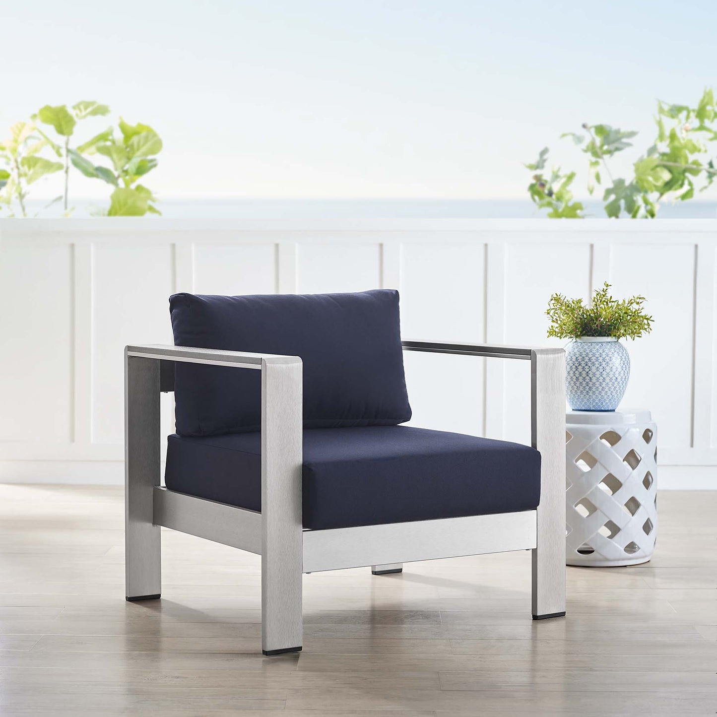 Shore Sunbrella Fabric Aluminum Outdoor Patio Armchair in Silver Navy by Modway (4225)