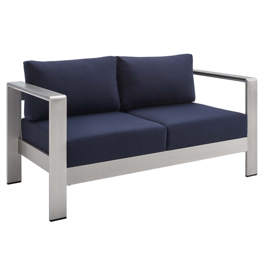 Shore Sunbrella Fabric Aluminum Outdoor Patio Loveseat in Silver Navy by Modway (4226)