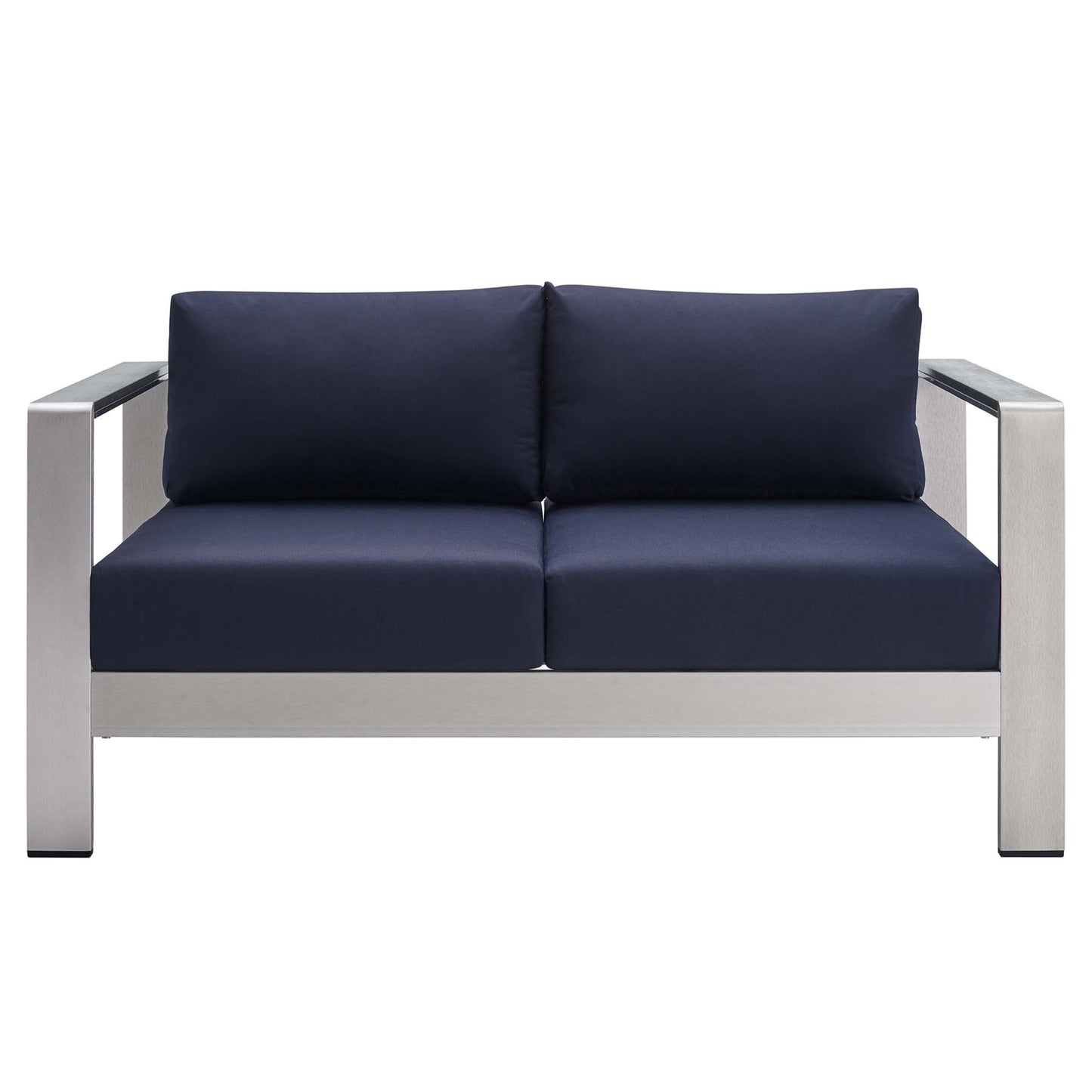 Shore Sunbrella Fabric Aluminum Outdoor Patio Loveseat in Silver Navy by Modway (4226)