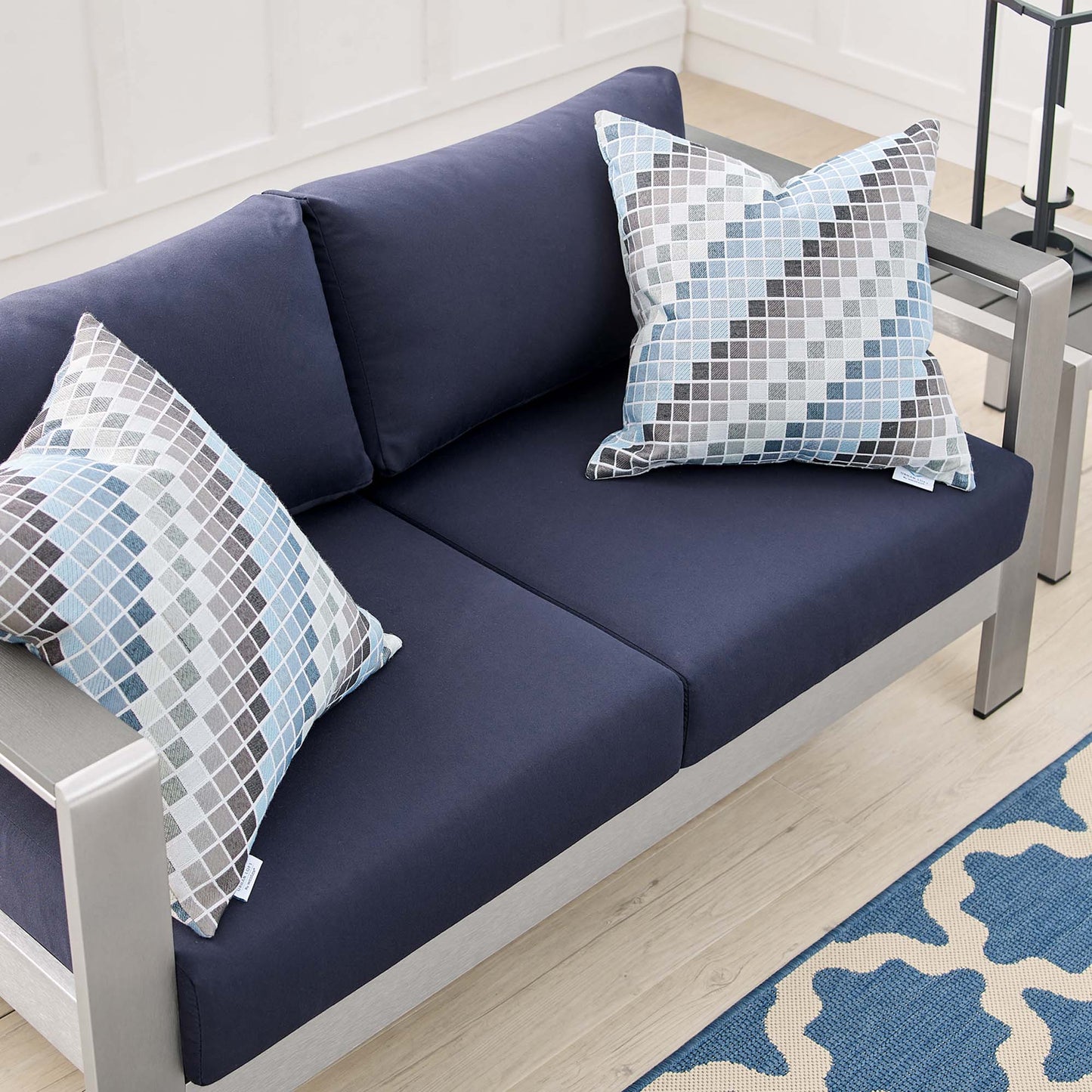 Shore Sunbrella Fabric Aluminum Outdoor Patio Loveseat in Silver Navy by Modway (4226)
