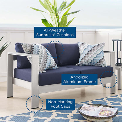 Shore Sunbrella Fabric Aluminum Outdoor Patio Loveseat in Silver Navy by Modway (4226)