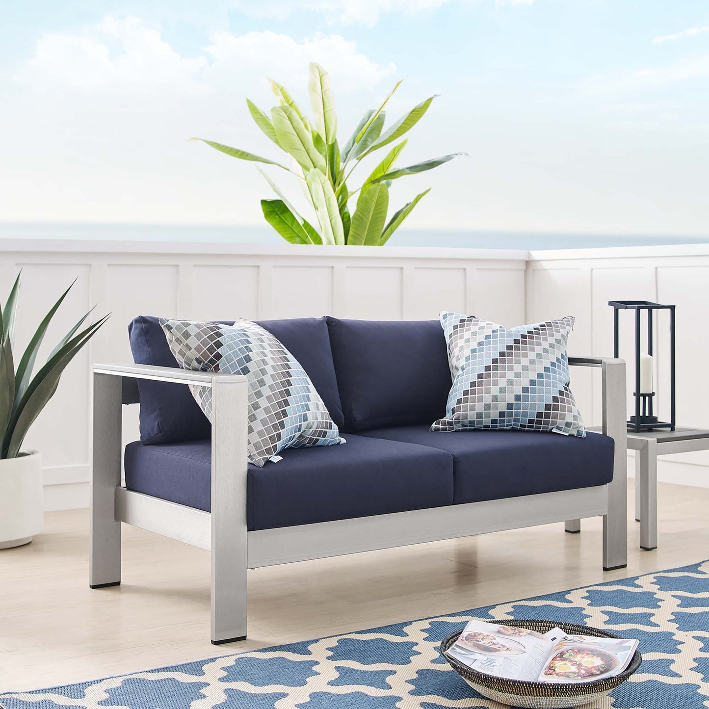 Shore Sunbrella Fabric Aluminum Outdoor Patio Loveseat in Silver Navy by Modway (4226)
