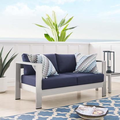 Shore Sunbrella Fabric Aluminum Outdoor Patio Loveseat in Silver Navy by Modway (4226)