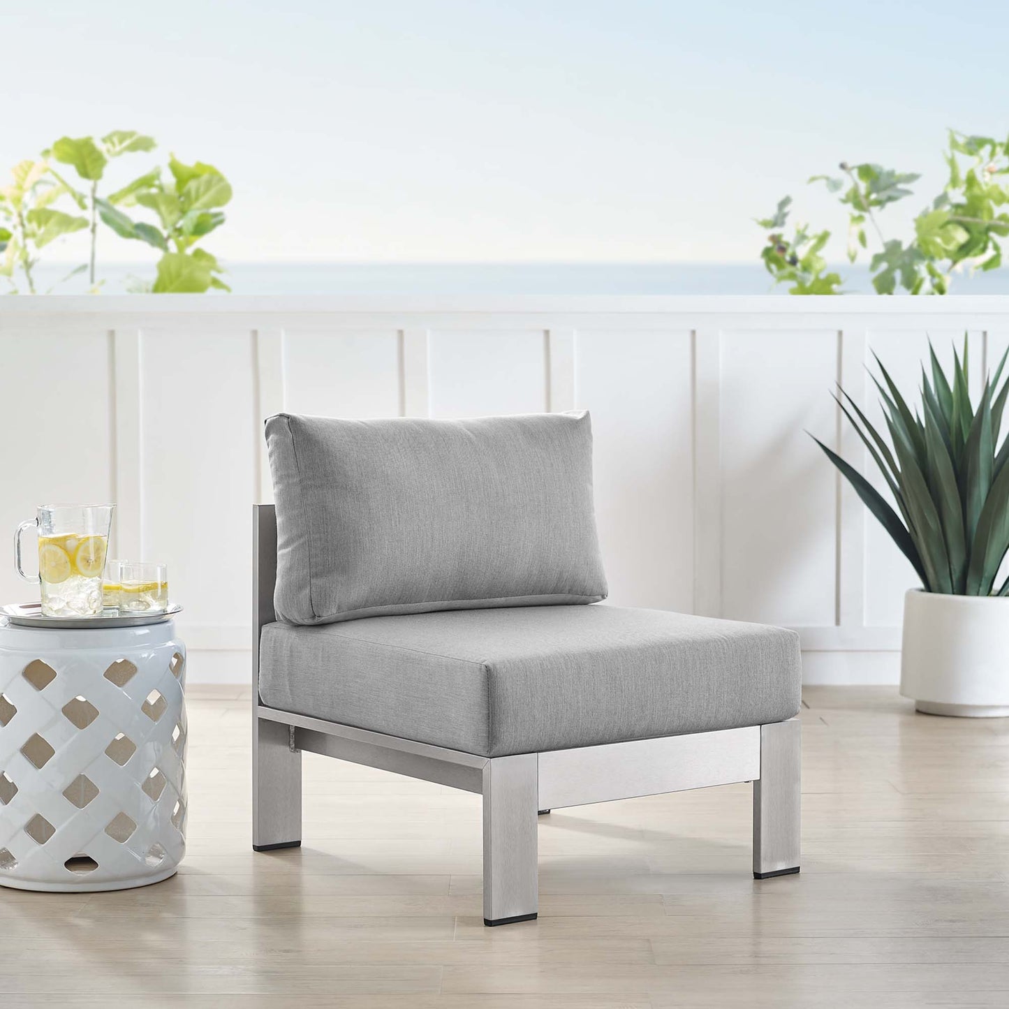 Shore Sunbrella Fabric Aluminum Outdoor Patio Armless Chair in Silver Gray by Modway (4227)