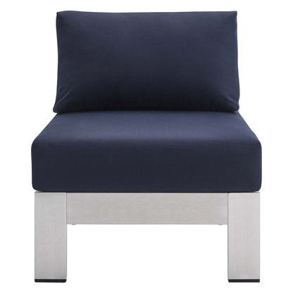 Shore Sunbrella Fabric Aluminum Outdoor Patio Armless Chair in Silver Navy by Modway (4227)