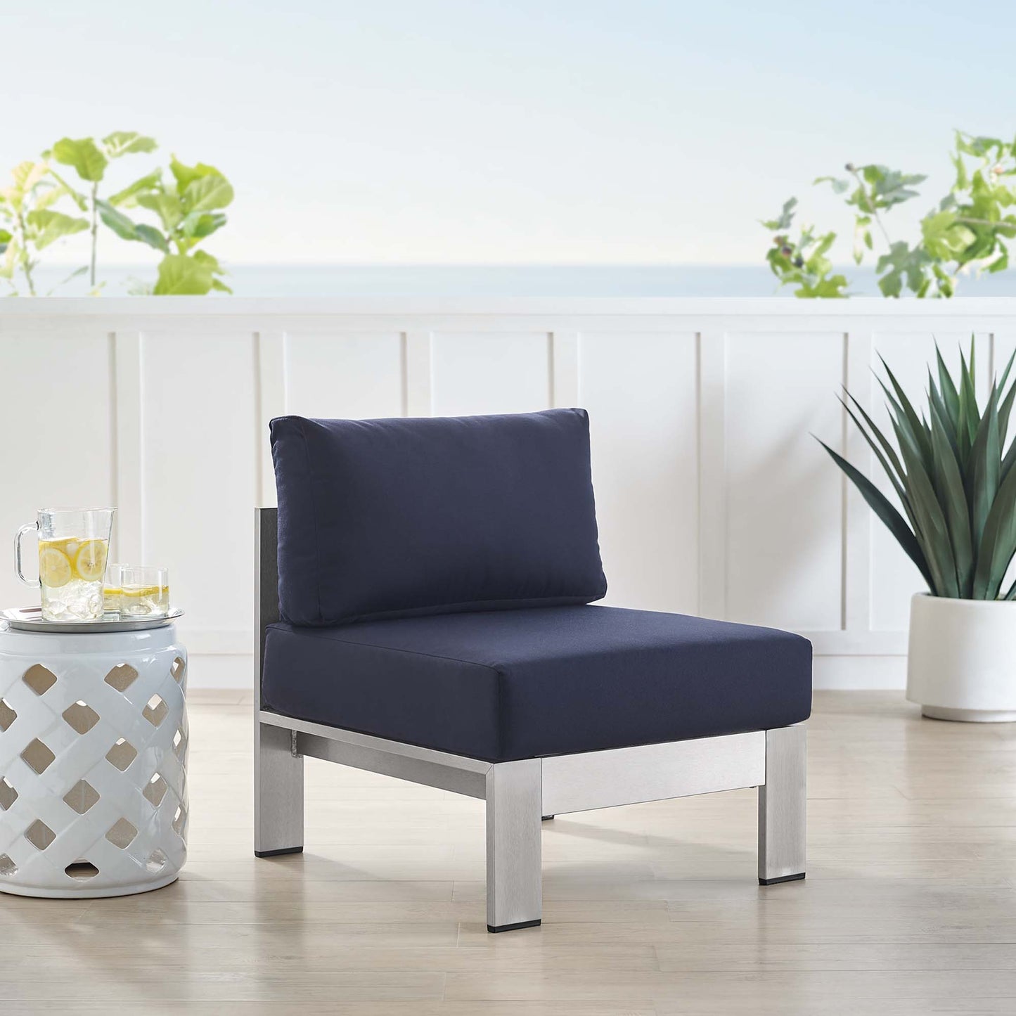 Shore Sunbrella Fabric Aluminum Outdoor Patio Armless Chair in Silver Navy by Modway (4227)