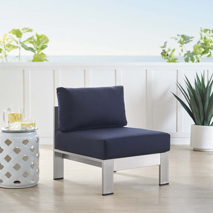 Shore Sunbrella Fabric Aluminum Outdoor Patio Armless Chair in Silver Navy by Modway (4227)