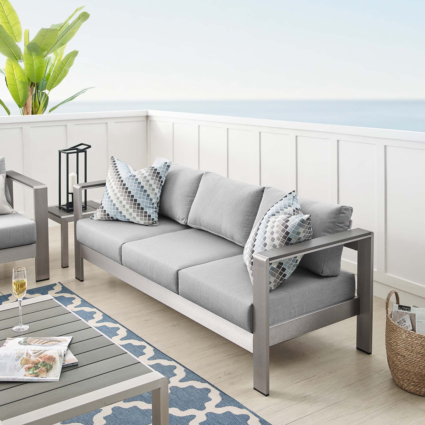 Shore Sunbrella Fabric Aluminum Outdoor Patio Sofa in Silver Gray by Modway (4228)
