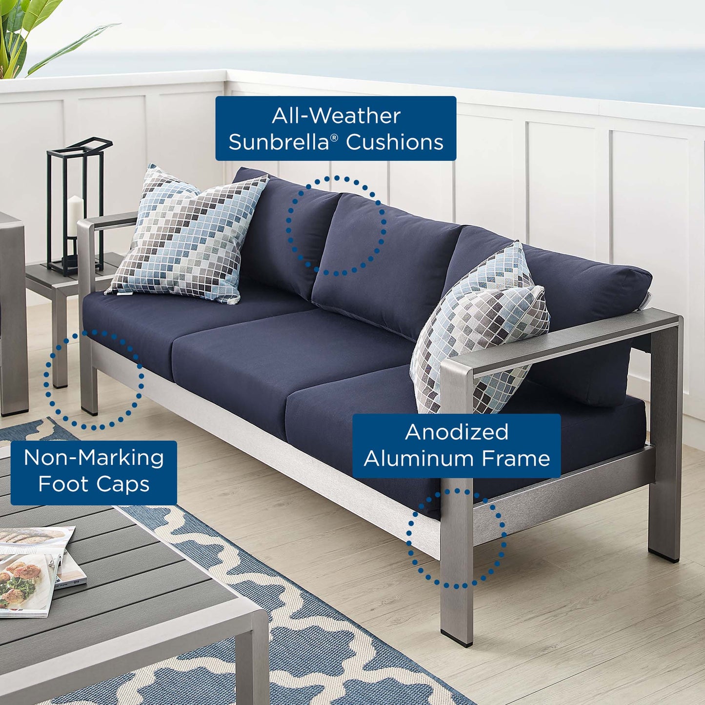 Shore Sunbrella Fabric Aluminum Outdoor Patio Sofa in Silver Navy by Modway (4228)