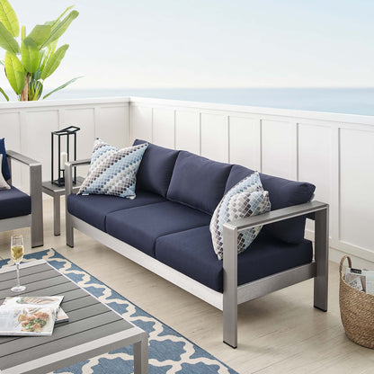 Shore Sunbrella Fabric Aluminum Outdoor Patio Sofa in Silver Navy by Modway (4228)