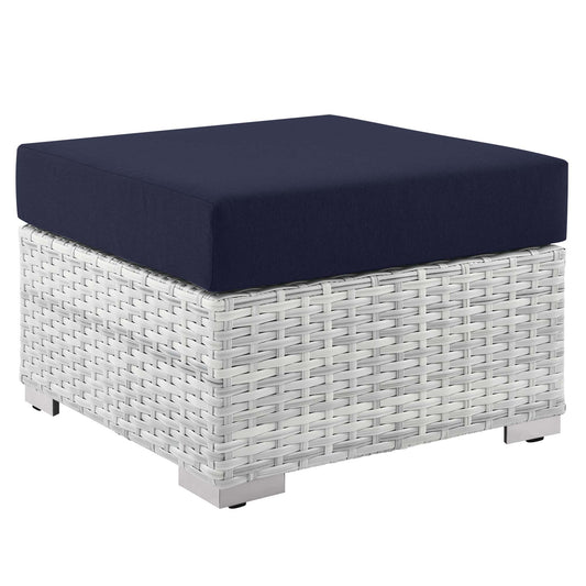 Convene Outdoor Patio Wicker Rattan Square Ottoman in Light Gray Navy by Modway