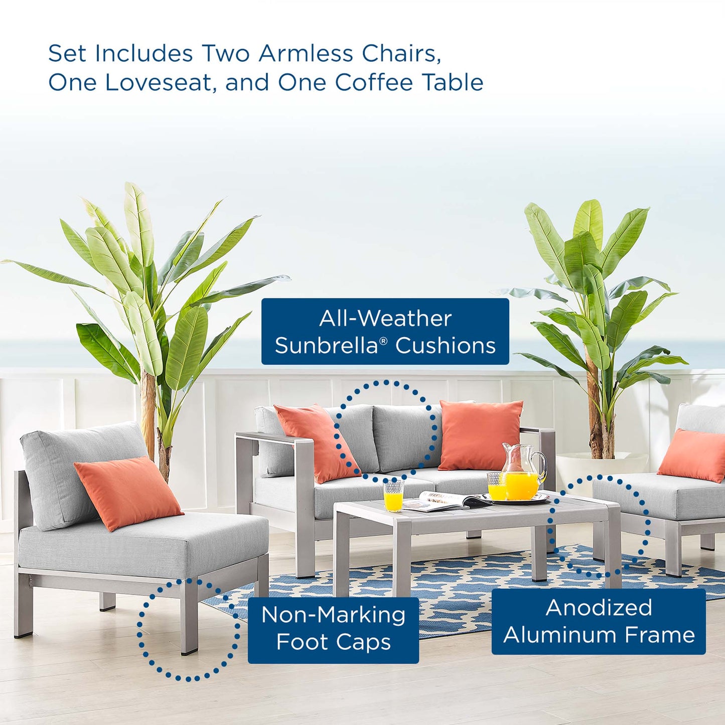 Shore Aluminum 4-Piece Patio Set - Silver Gray by Modway