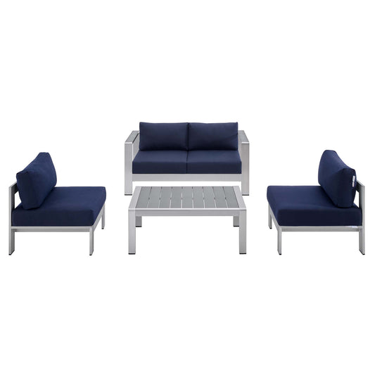 Shore 4 Piece Sunbrella Fabric Outdoor Patio Aluminum Set in Silver Navy by Modway (4315)